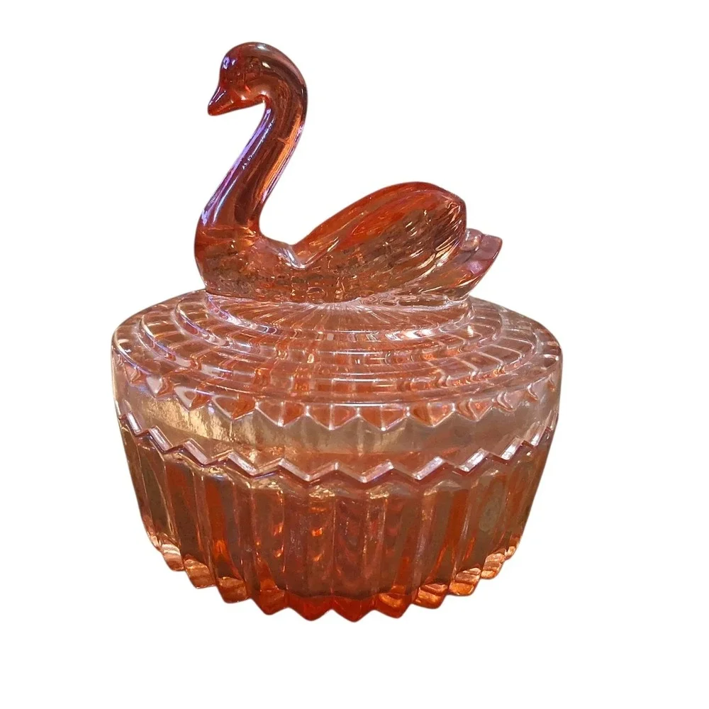 Vintage Jeanette Amberina Glass Powder Dish w/Swan Lipstick Holder Lid
